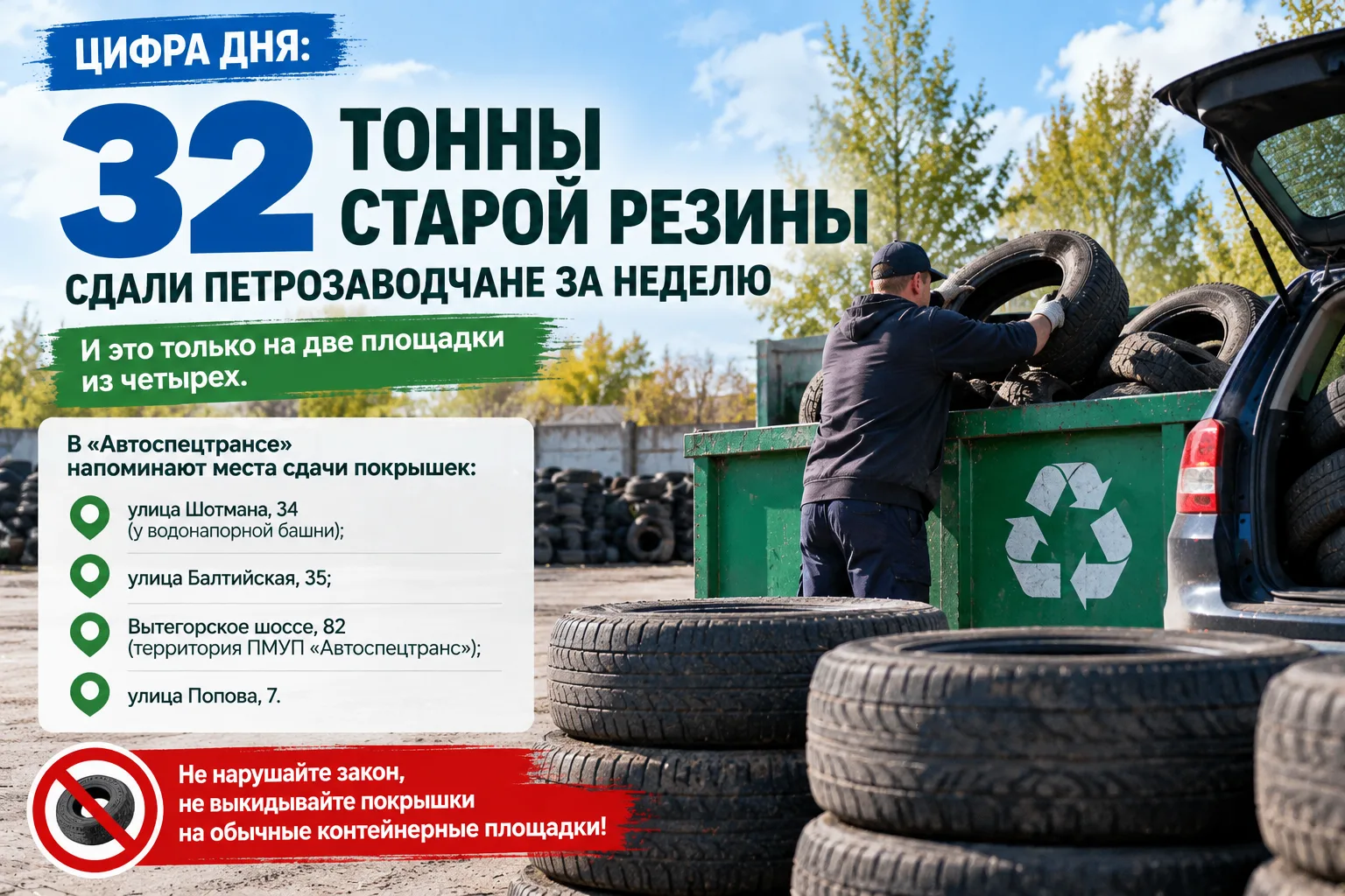 Цифра дня: 32 тонны старой резины сдали петрозаводчане за неделю